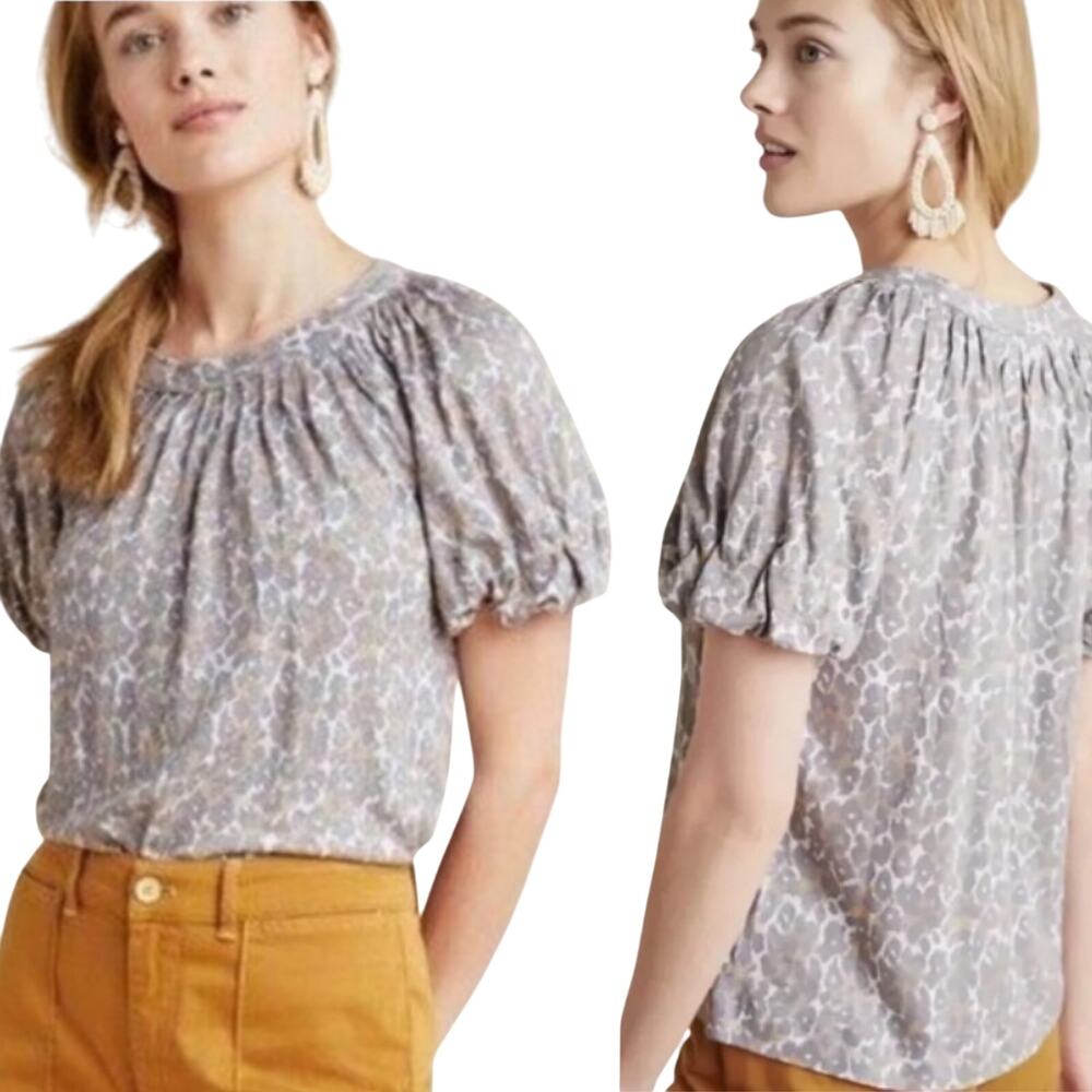Anthropologie Maeve Leopard Print Linen Top Puff Sleeve Scoopneck Gray Medium